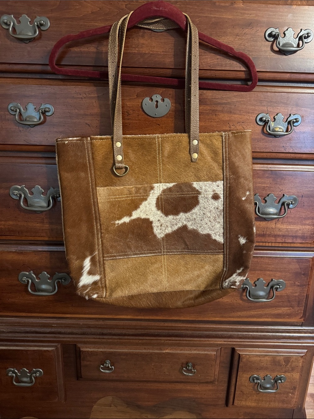 Myra Bag Brown and White Cowhide Patchwork Tote